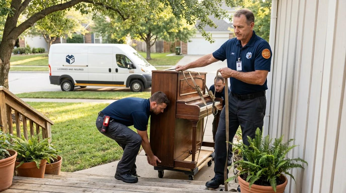 Licensed piano movers securing grand piano in Southbridge, MA