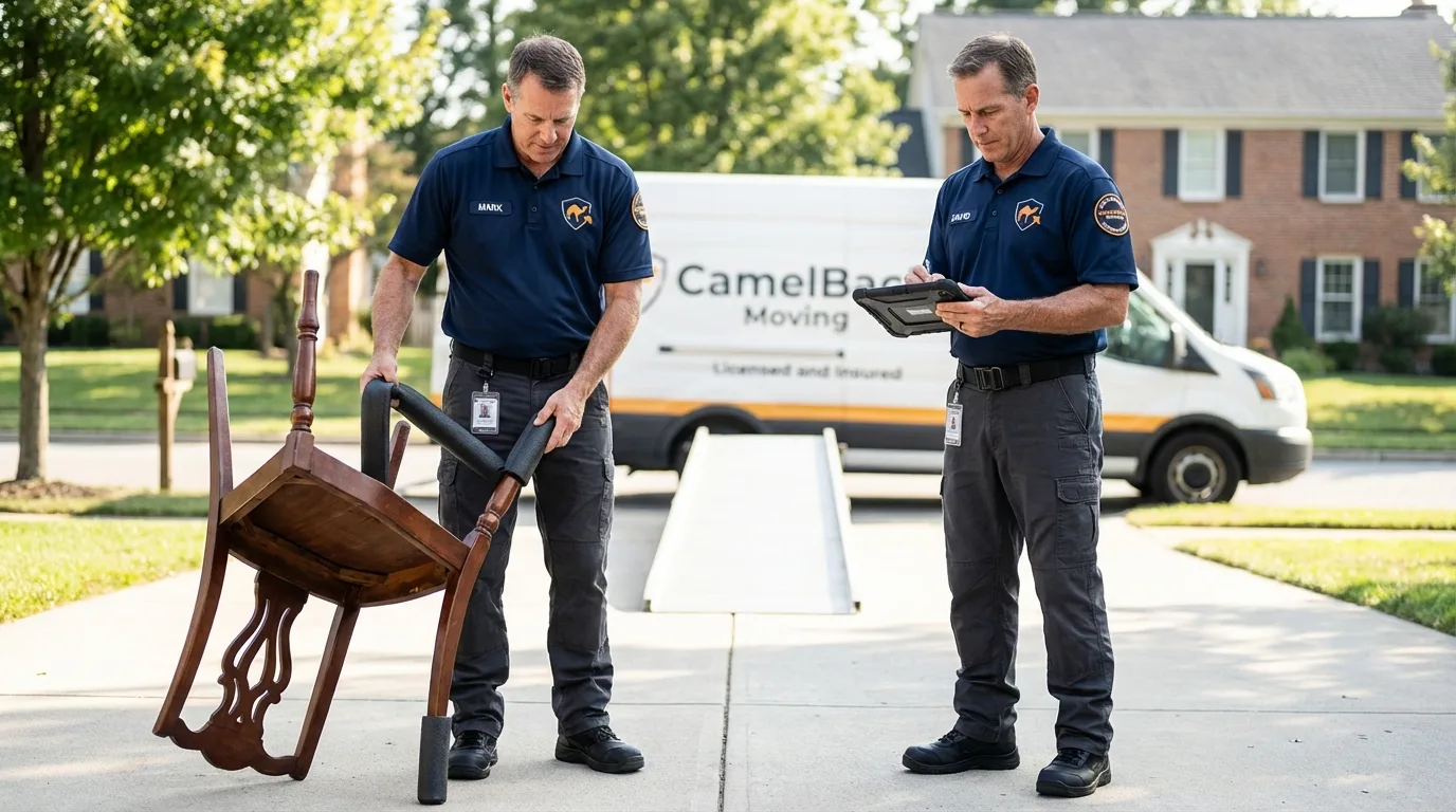 Movers inspecting furniture for damage prevention before loading in Southbridge, MA