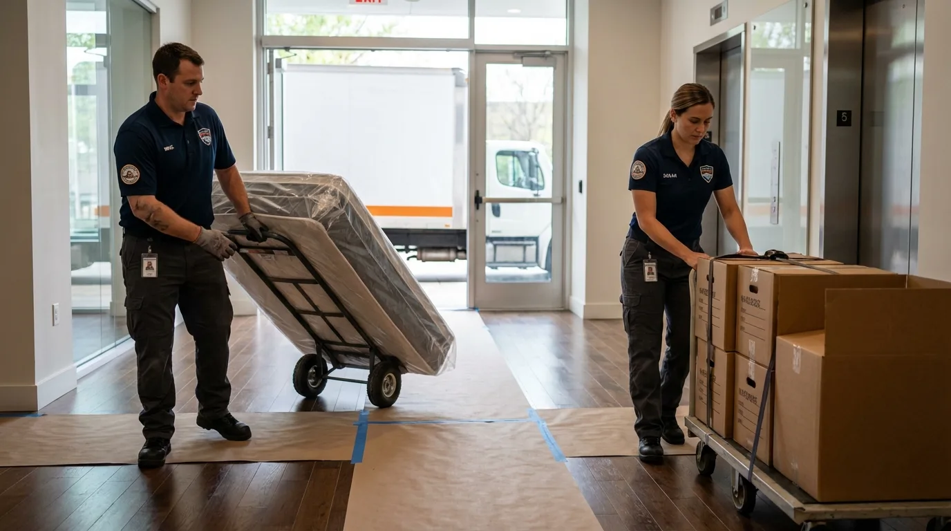 Professional apartment movers loading elevator in Southbridge, MA