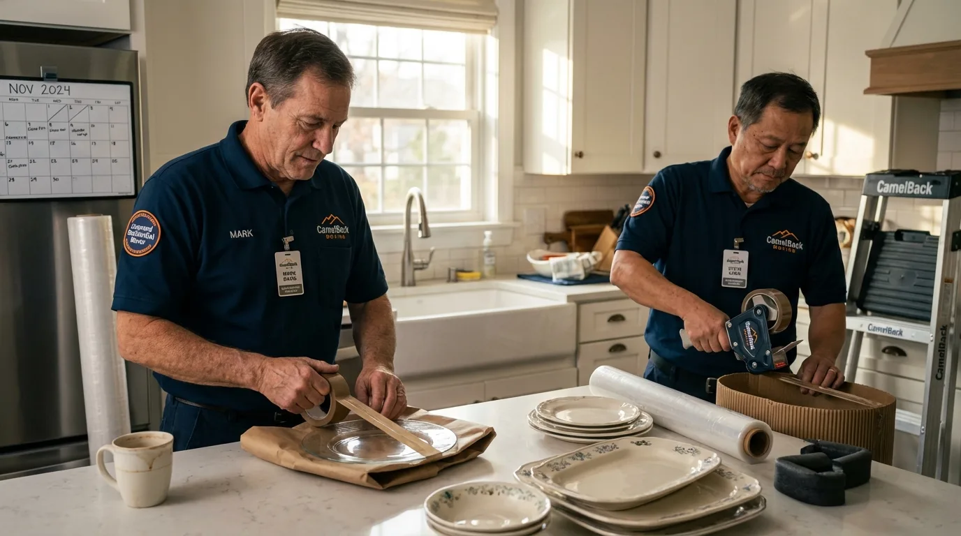 Professional crew packing kitchen dishware in Southbridge, MA